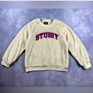 New Stussy Beige Fleece Pullover Teddy with Orange and Blue Logo Womens Small